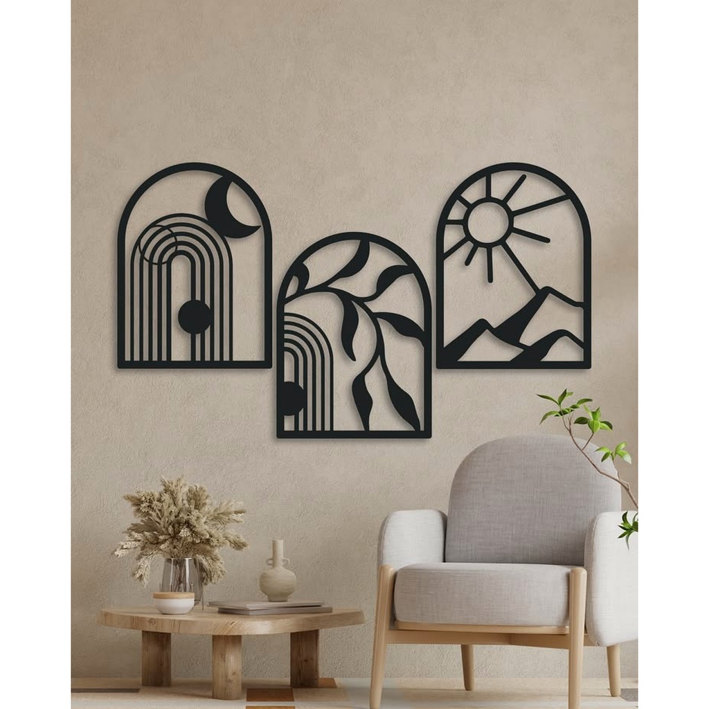 Laser Cut Arched Boho Botanical Wooden Wall Art Trio