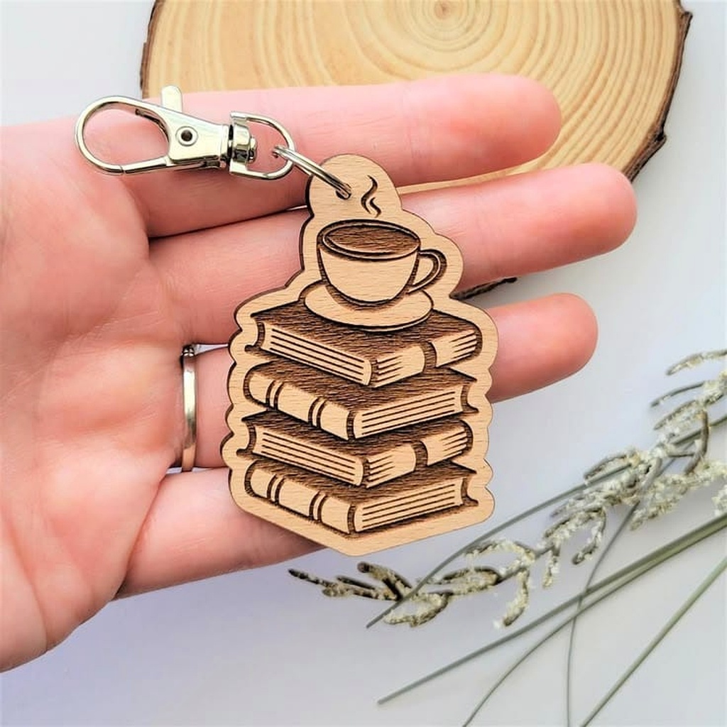 Laser Cut Coffee and Book Stack Wooden Keychain