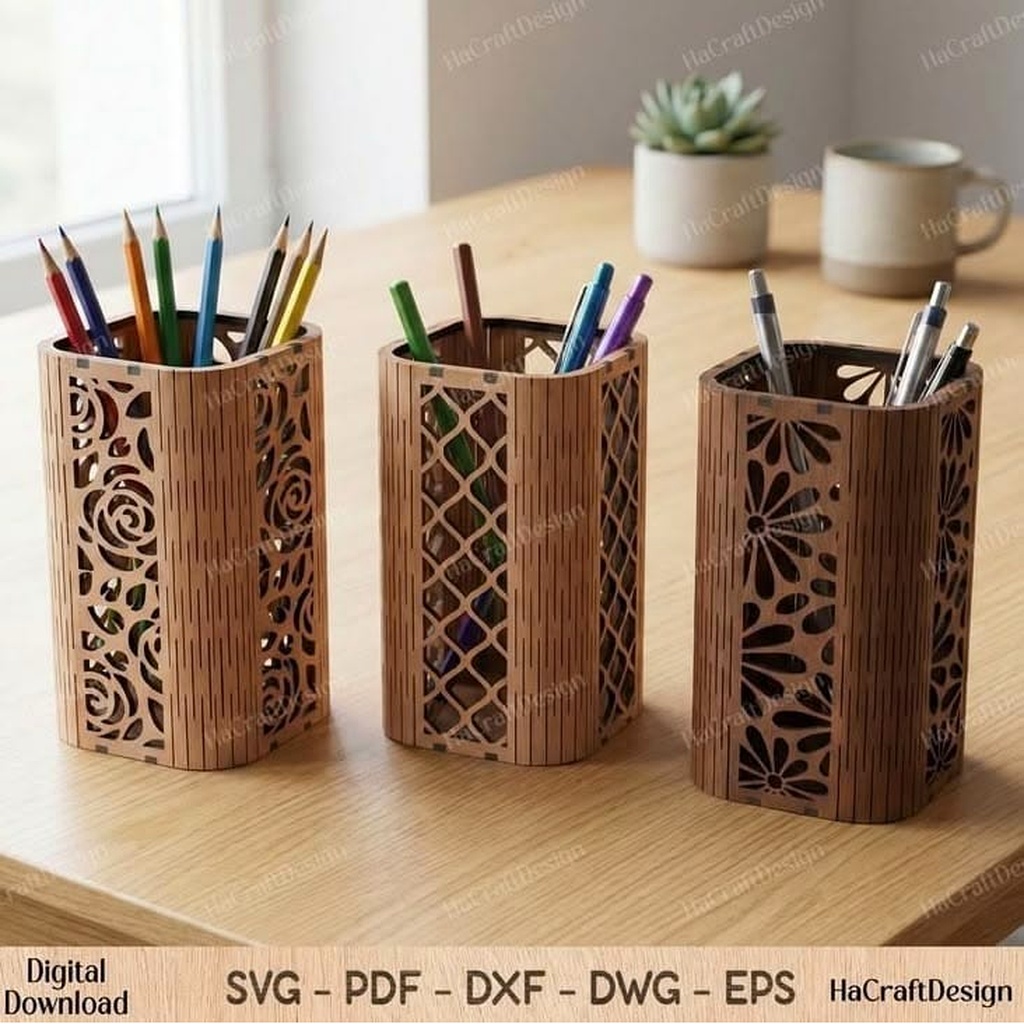 Laser Cut Geometric Wooden Desk Pen Organizer Trio