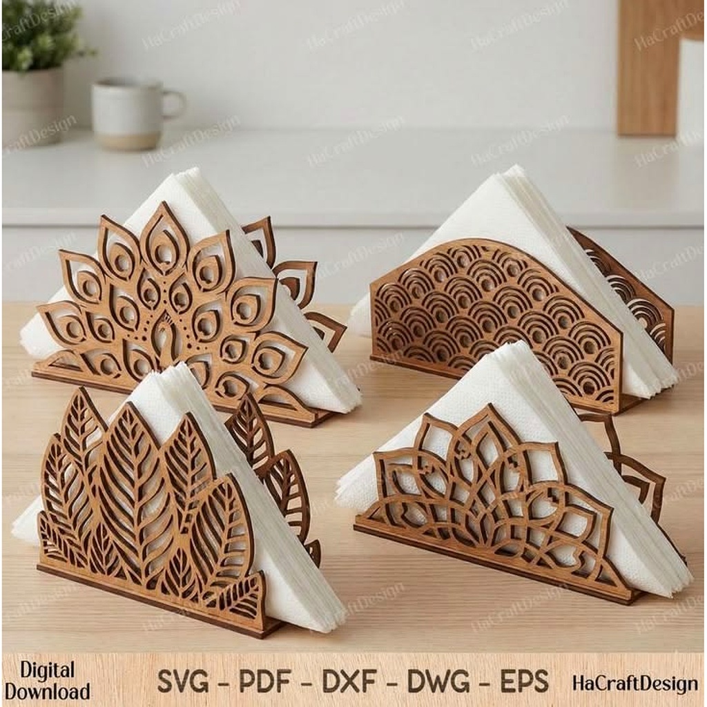 Laser Cut Layered Mandala Wooden Napkin Holder Set