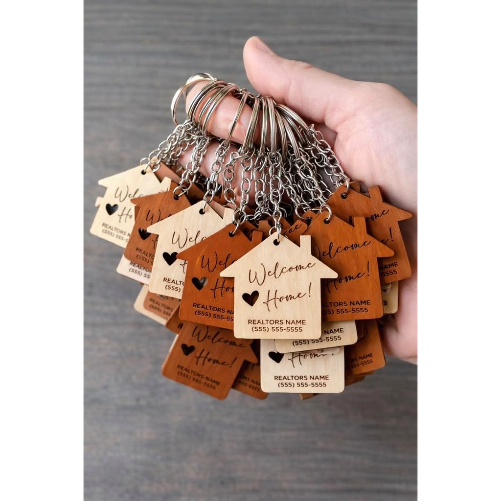 Laser Engraved House-Shaped Wooden Welcome Keychain Pack
